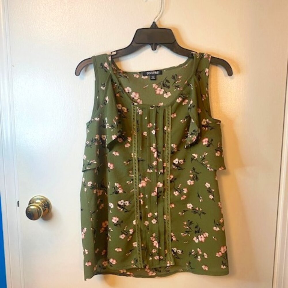 Roz & Ali Off the shoulder olive green Floral top sleeveless
